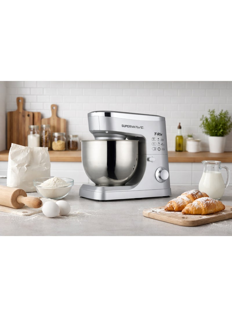 سوبر ويف تي-ريكس عجانة كهربائية 1500 واط، وعاء ستانلس ستيل 7 لتر، 6 سرعات، 3 ملحقات، فضي - Image 2